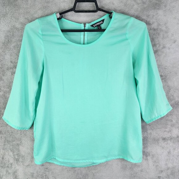 Women's Express Mint Green Blouse Top 3/4 Sleeve Round Neck zip back S - Picture 2 of 10